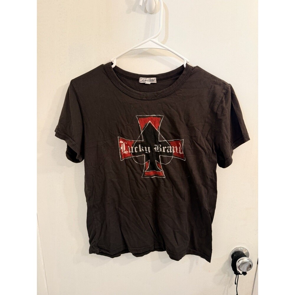 Vintage Lucky Brand Womens T Shirt Large Brown Iron Cross Y2K Biker Gothic USA